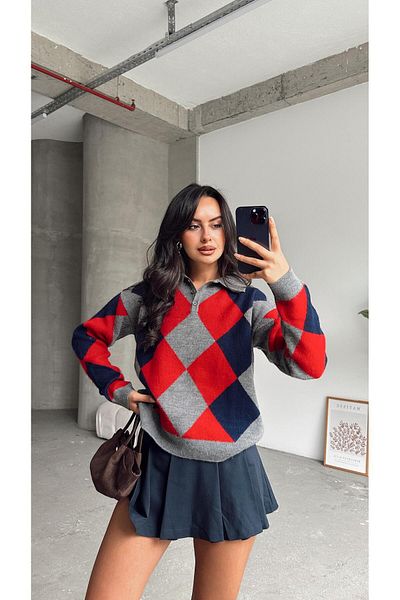 mydukkan.co Pulover cu jumătate de nasture cu model diamant burgundy
