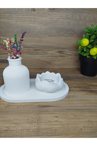 Home Dekoratif 3'lü Set Oval Tabak+Vazo+Lotus Mumluk