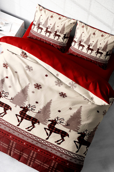 MonoHome Yılbaşı Nevresim Takımı (Lastikli Çarşaflı) Çift Kişilik %100 Pamuk Saten Deer