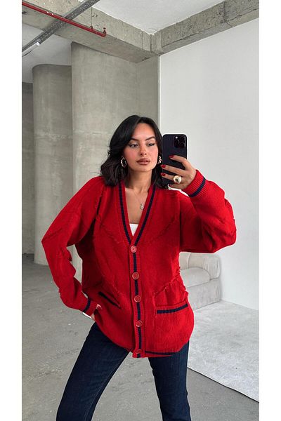 mydukkan.co Red Double Pocket Cardigan with Embossed Detail