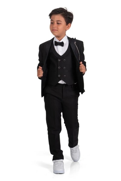 Tiril Tiril Ceketli Yelekli Zincir Detaylı Çocuk Damatlık Takım Elbise