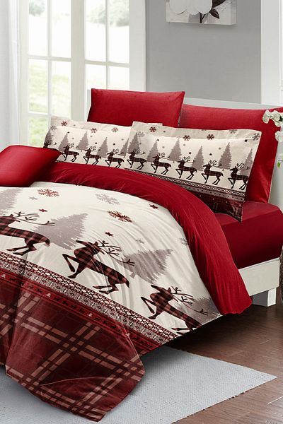 MonoHome New Year Duvet Cover Set (With Elastic Sheets) Double 100% Cotton Satin Deer