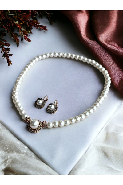 FAYRA ACCESSORIES Zirkon Taşlı Sarmal İnci Kolye ve İnci Küpe Seti