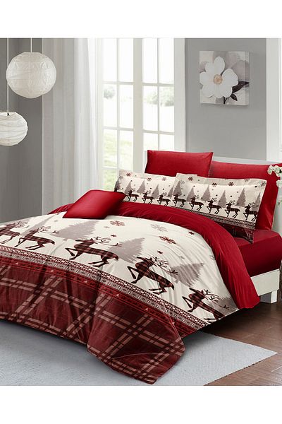 MonoHome New Year Duvet Cover Set (With Elastic Sheets) Double 100% Cotton Satin Deer