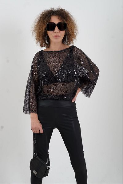 Zelish My Sister Black Sequined Mesh Blouse