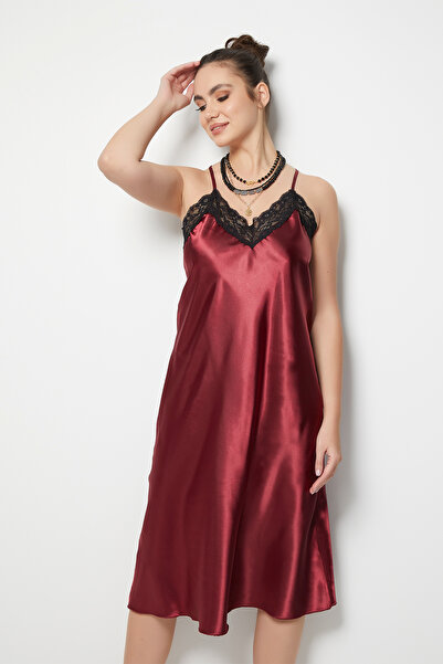 Miorre Lace Detailed Deep Back Low-Cut Slit Satin Nightgown