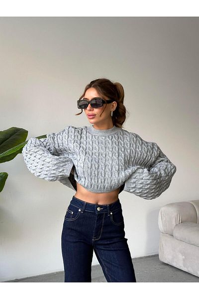 mydukkan.co Gray Hair Knit Knitwear Crop Sweater