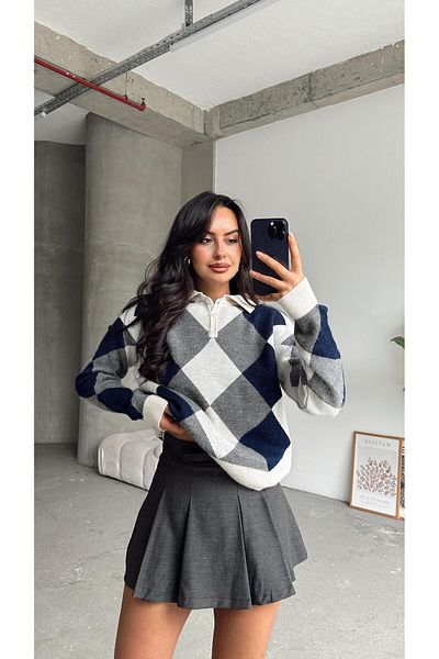 mydukkan.co Gray Half Button Diamond Patterned Sweater