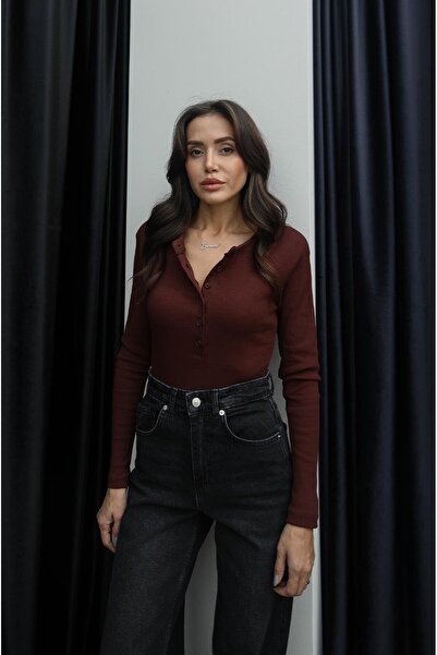 Havoş Καφέ μπροστινή μακρυμάνικη μπλούζα με έξι κουμπιά