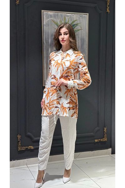 lodmela Ayrobin Tunic with Tie and Brooch Detail 108-Orange