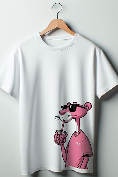 CONSTRAİN Λευκό μπλουζάκι με στάμπα Pink Panther Oversize με φαρδύ λαιμόκοψη