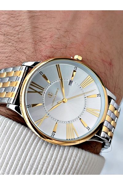 DAVID GUNER Custom Design Silver-Gold Color Steel Band Men's Wrist Watch 8206D1