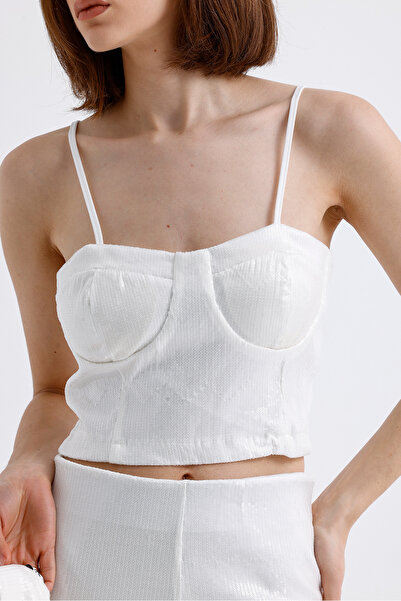 Sense White Sequined Evening Dress Blouse - Bust35066