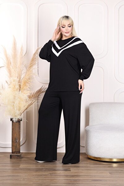 Butik Nilyam Γυναικείο Σετ αθλητικής φόρμας μεγάλου μεγέθους ριγέ λεπτομερές μανίκι μπαλόνι 22001 Μαύρο