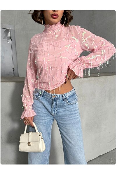 LUX BY PEMBE SAÇAKLI PULLU  BLUZ