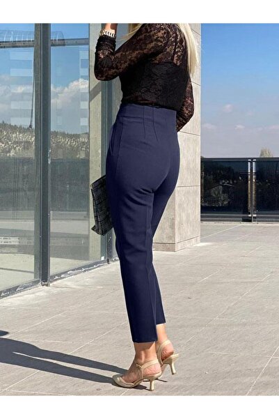 dk denemekabini Жіночі брюки з високою талією та завуженими штанинами з тканини «морква» - сині