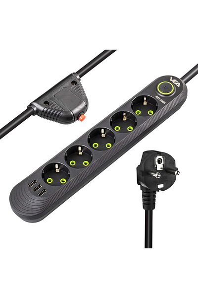 Kelepir Fırsatlar Thermal Current Shielded Five Groups Plug Socket with 1.5 Meter Cable Current Shielded 3 USB Kpf6-77A3Z