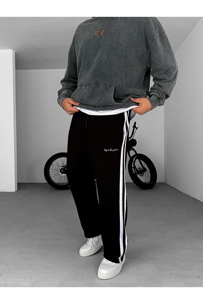 BYBASICMAN Black Stripe Embroidered Pipe Leg Sweatpants Pm-153