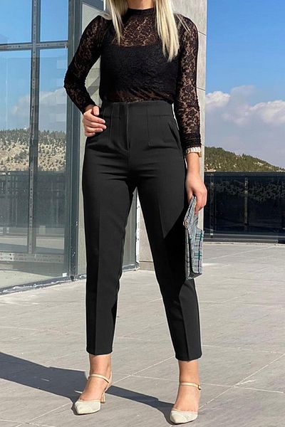 dk denemekabini Women's High Waist Thick Fabric Carrot Trousers - Black501