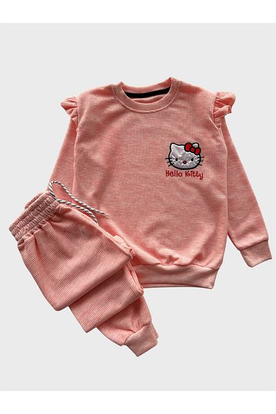 TOFU KİDS Girl's Cotton Waffle Fabric Pink Hello Kitty Embroidered Seasonal Tracksuit Set