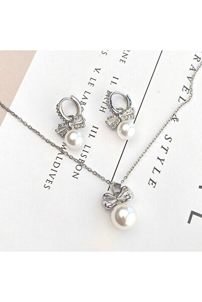 Kyver Women's Necklace Earring Set Bow Pearl Necklace Earrings Zircon Stone Silver 45cm