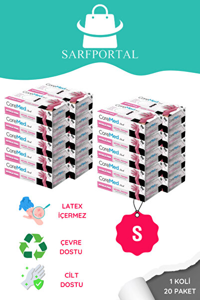 COREMED Pembe Nitril Muayene Eldiveni Pudrasız 1 Koli 20 Paket - Small