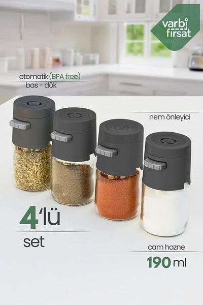 Varbifırsat 4 Pcs Automatic Adjustable Button Press-On Glass Salt Shaker Spice Holder New Generation Salt Shaker Sugar Shaker Pepper Shaker