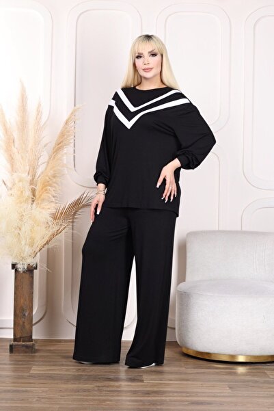 Butik Nilyam Γυναικείο Σετ αθλητικής φόρμας μεγάλου μεγέθους ριγέ λεπτομερές μανίκι μπαλόνι 22001 Μαύρο