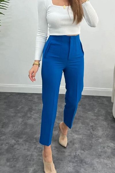 dk denemekabini Women's High Waist Thick Fabric Carrot Trousers - Saks Blue501