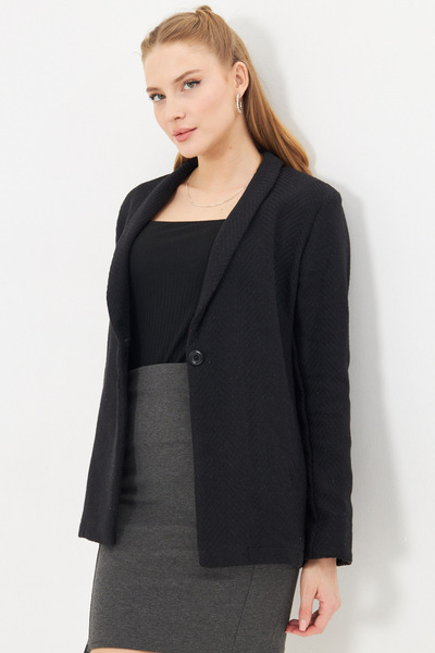 armonika Women's Black Herringbone Pattern Sleeve Folded Single Button Stamp Jacket ARM-24K001066