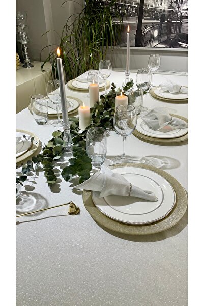 Decamor home Silver Glitter White Linen Textured Carefree Tablecloth