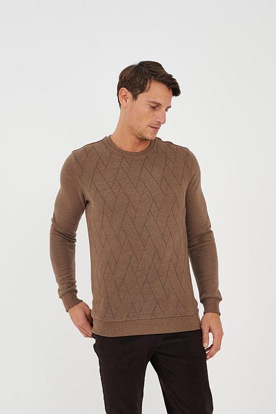Maccali Men's Neoflex Crew Neck Print Long Basic Brown Sweatshirt