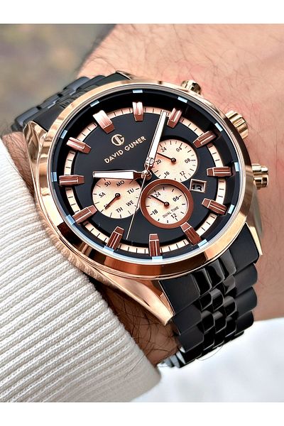 DAVID GUNER Black Function Men's Watch with Steel Band - 8402B