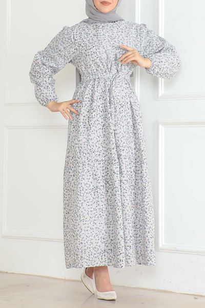 TOFİSA Rochie de damă, dreaptă, medie, gri cu imprimeu, cu mâneci adunate - 26623