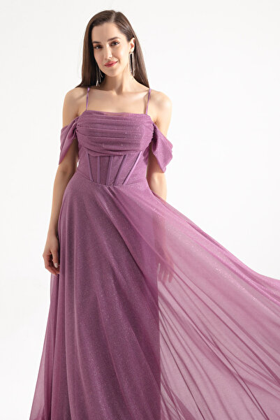 Lafaba Women's Lavender Strap Glittery Long Flared Evening Dress