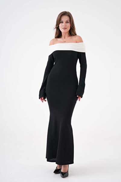 bayansepeti Černobílé dlouhé večerní šaty z pružného úpletu – střih na tužku, dlouhý rukáv 181