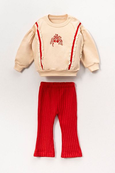 Minigimin Cicileri My Mini's Flowers for Baby Girl 6-18 Months - Diagonel Cherry and Bow Pattern, Three String Set - Red