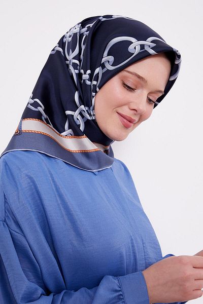Levidor Eșarfă din mătase din twill cu model de lanț albastru denim