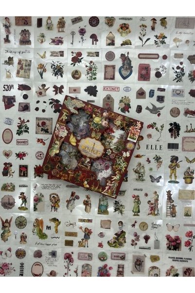 Kağıt Gemi Dükkan 4 Bölmeli 100 Yaprak 457 Adet Özel Tasarım Retro Bordo Renk Nostaljik Sticker Set /Etiket/ Çıkartma