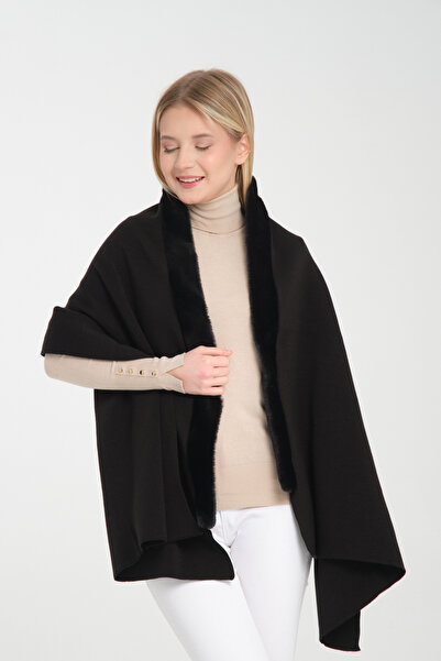 Wega Moda Kürklü Omuz Şalı, Kürk Detaylı Şık Rahat Omuz Şalı, Kürk Detaylı Triko Omuz Şalı, Kadın Omuz Şalı.