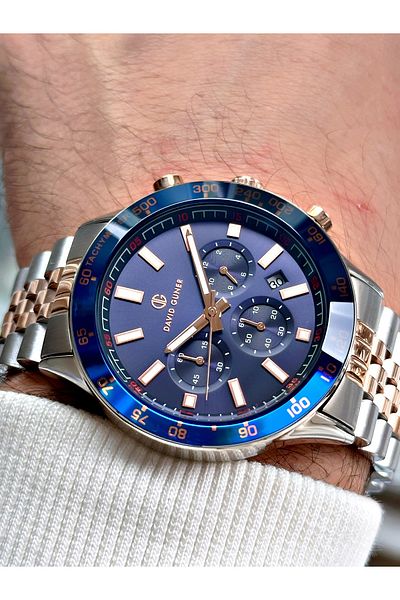 DAVID GUNER Function Dark Blue-Copper Color Steel Band Men's Wrist Watch 8666E3