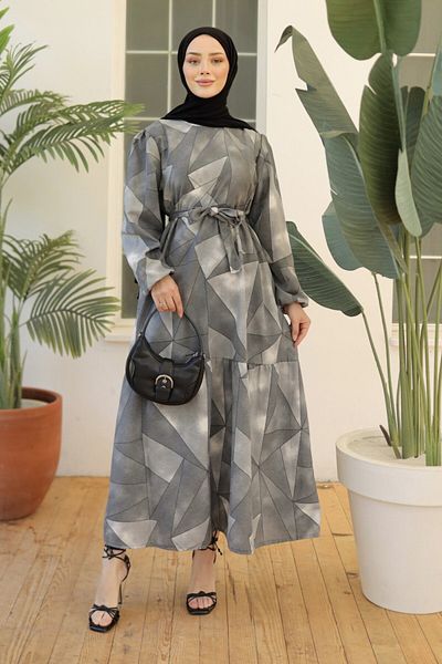 TOFİSA Straight Medium Women's Gray Print Sleeve Drawstring Dress - 26620