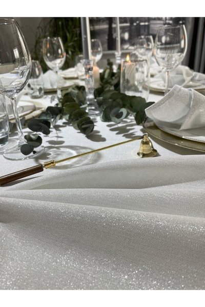 Decamor home Keten Dokulu Gümüş Simli Beyaz Masa Örtüsü (PEÇETE DAHİL DEĞİL )
