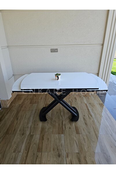 Enkare X Ayaklı Beyaz Masa, Mdf Açılabilir Salon ve Mutfak Masası 80x130-190