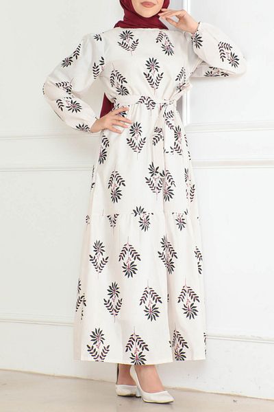 TOFİSA Straight Medium Women's Ecru Print Drawstring Dress - 26623