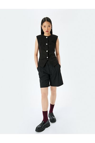 Koton Buttoned Fleto Pocket Crew Neck Slim Fit Vest