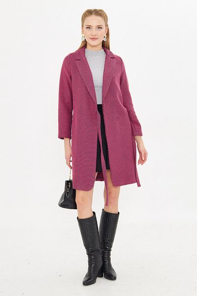 armonika Palton de damă cu dungi cu legături laterale fucsia - buzunare, lung ARM-25K 001039