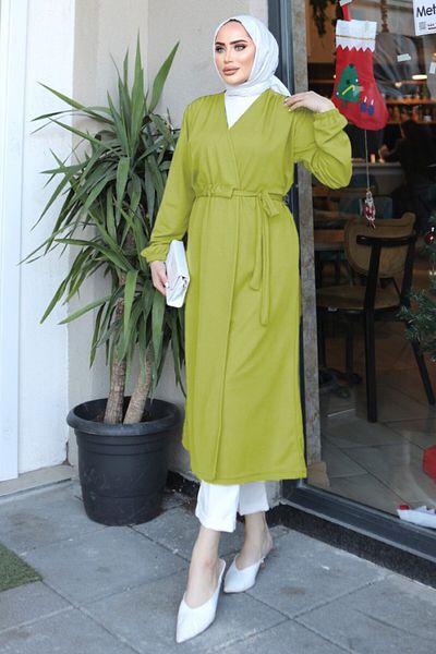 TOFİSA Cardigan cu cravată verde ulei pentru femei, simplu, mediu - 26586