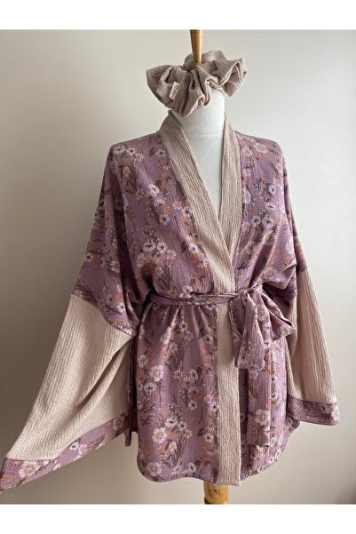 ki-nua studio Tokalı Kuşaklı Kadın Kimono Set, Krinkıl Kumaş - Renkli Çiçekli