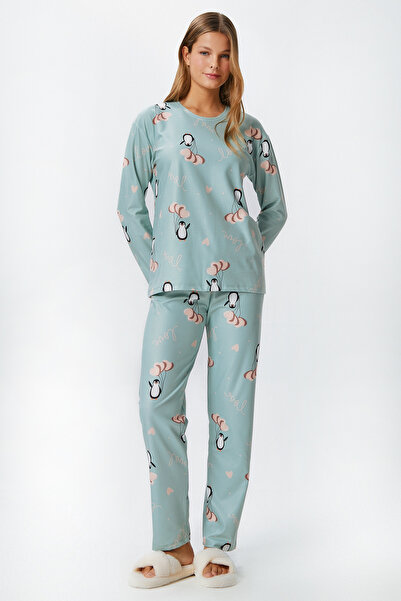 Ritnice Kadın Ely Premium Bisiklet Yaka Mint Penguen Süet Doku Yılbaşı Pijama Takımı